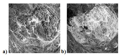 Fig. 11.13. a) Blue band shows topography due to illumination difference, b) ratio of band3/band2 removes illumination and yield different rock types
